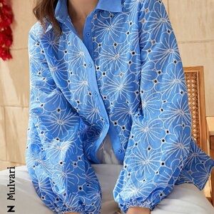Shein Blue Floral Embroidered Women's Top